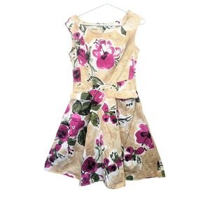 Evan Picone Dress Women 4 Beige Floral Sleeveless Fit Flare Zip Back